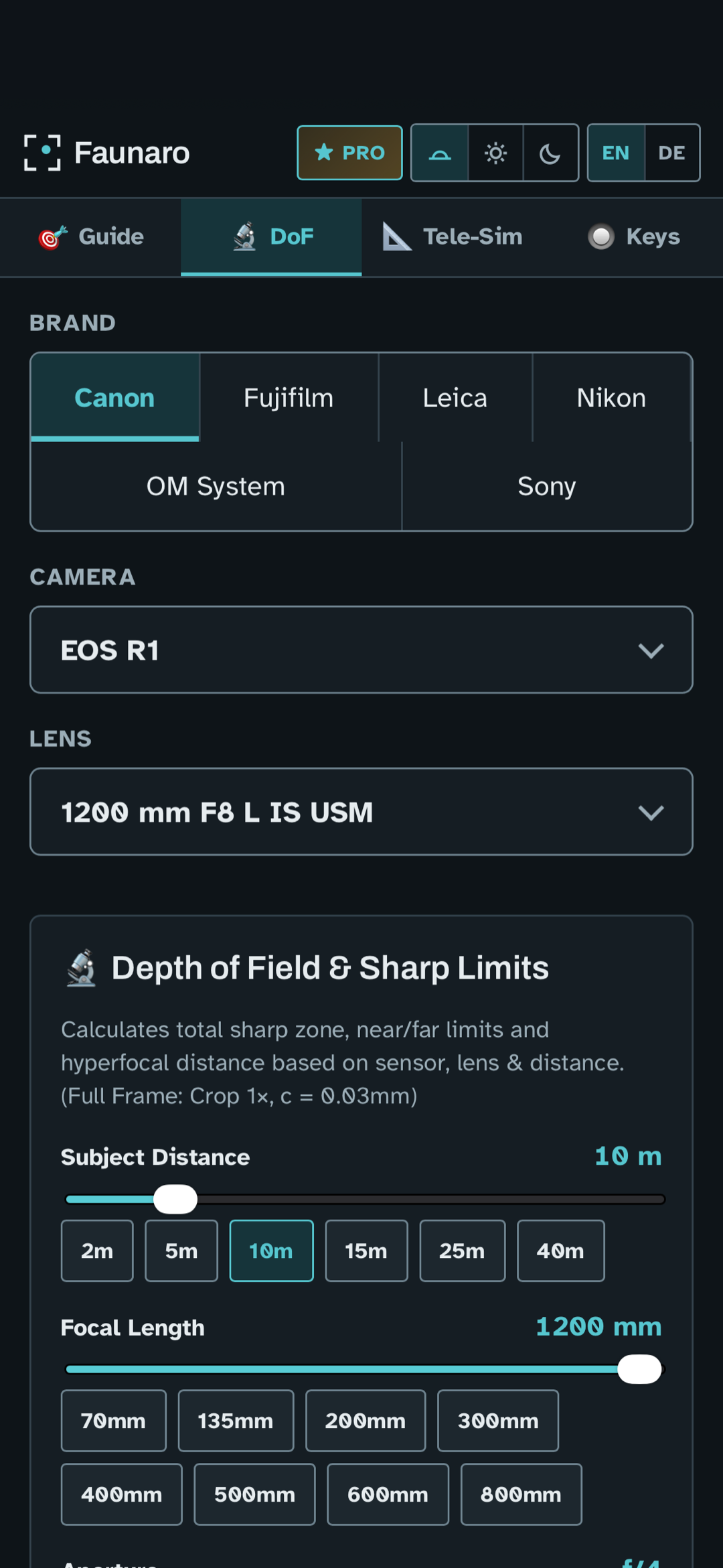 Faunaro 피사계 심도 계산기 및 Canon EOS R1 설정